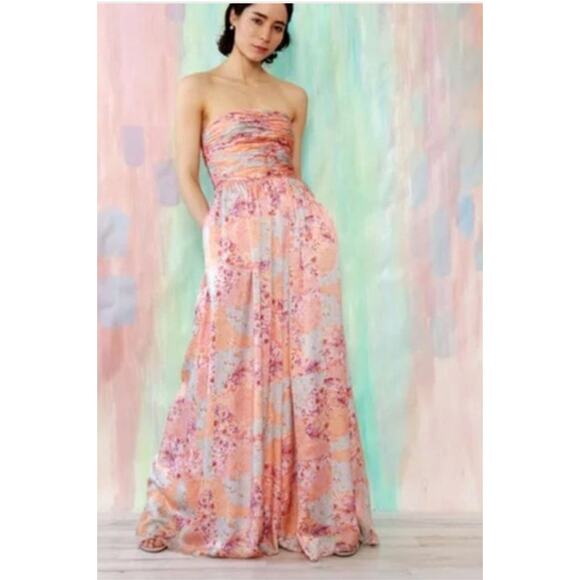 AMUR Pants - AMUR Kallia Jumpsuit 100% Silk Floral Patchwork Strapless Wide Leg Multicolor 6